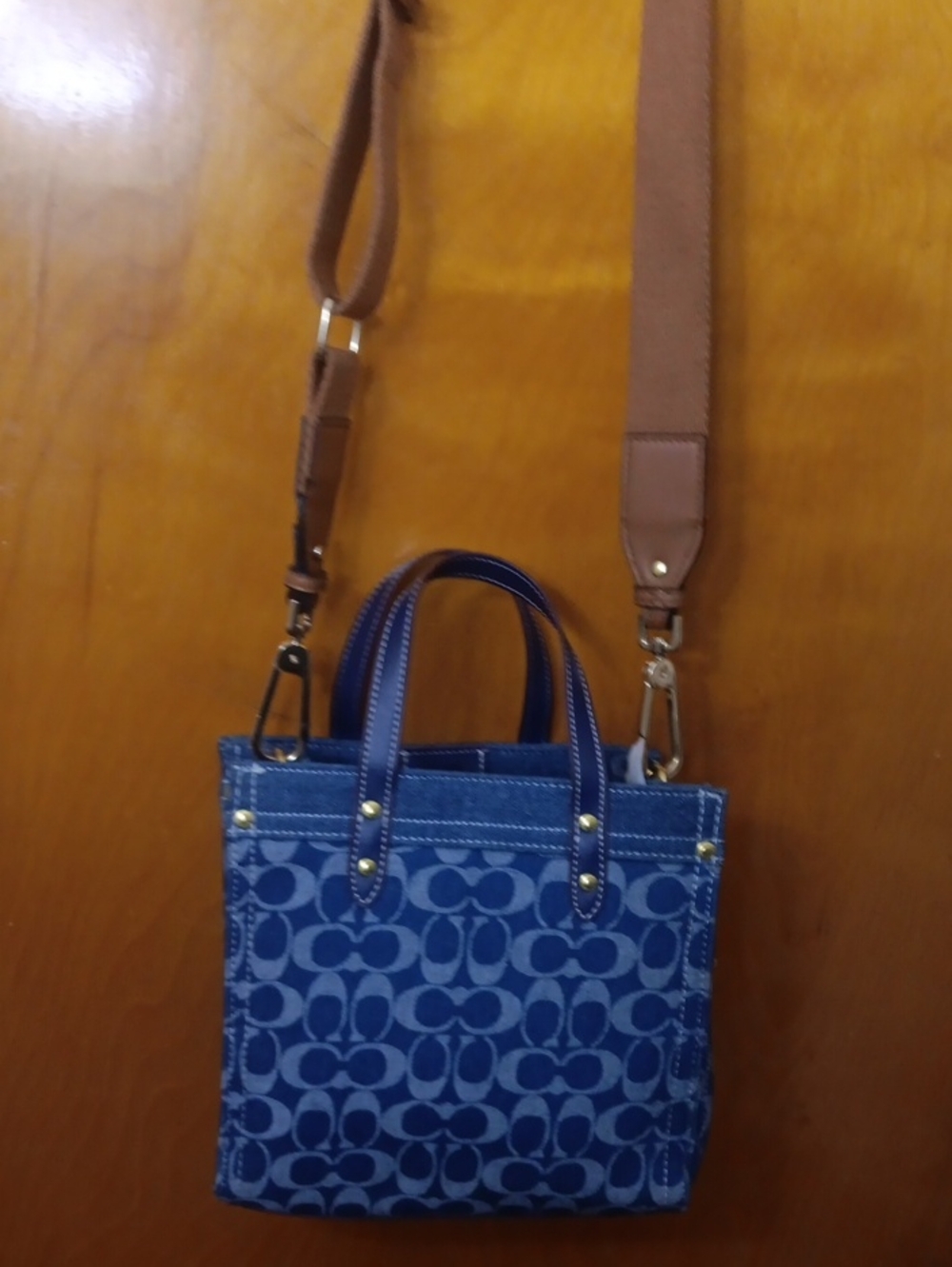 Coach Blue Signature Mini Tote with Brown Strap